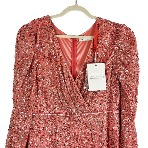 Mac Duggal Sequined Puff Sleeve Wrap Over A Line Dress 16 Coral NWT - Picture 3 of 11